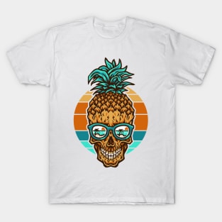 Vintage Retro Sunset Skull Pineapple Beach Holiday T-Shirt